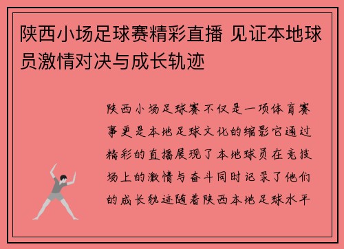陕西小场足球赛精彩直播 见证本地球员激情对决与成长轨迹